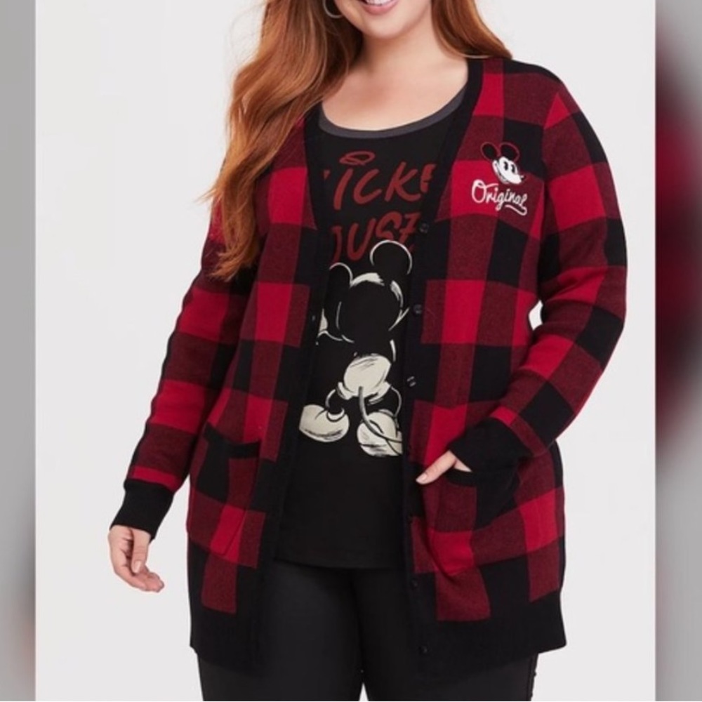 Disney Red and Black Buffalo Plaid Cardigan Sweater